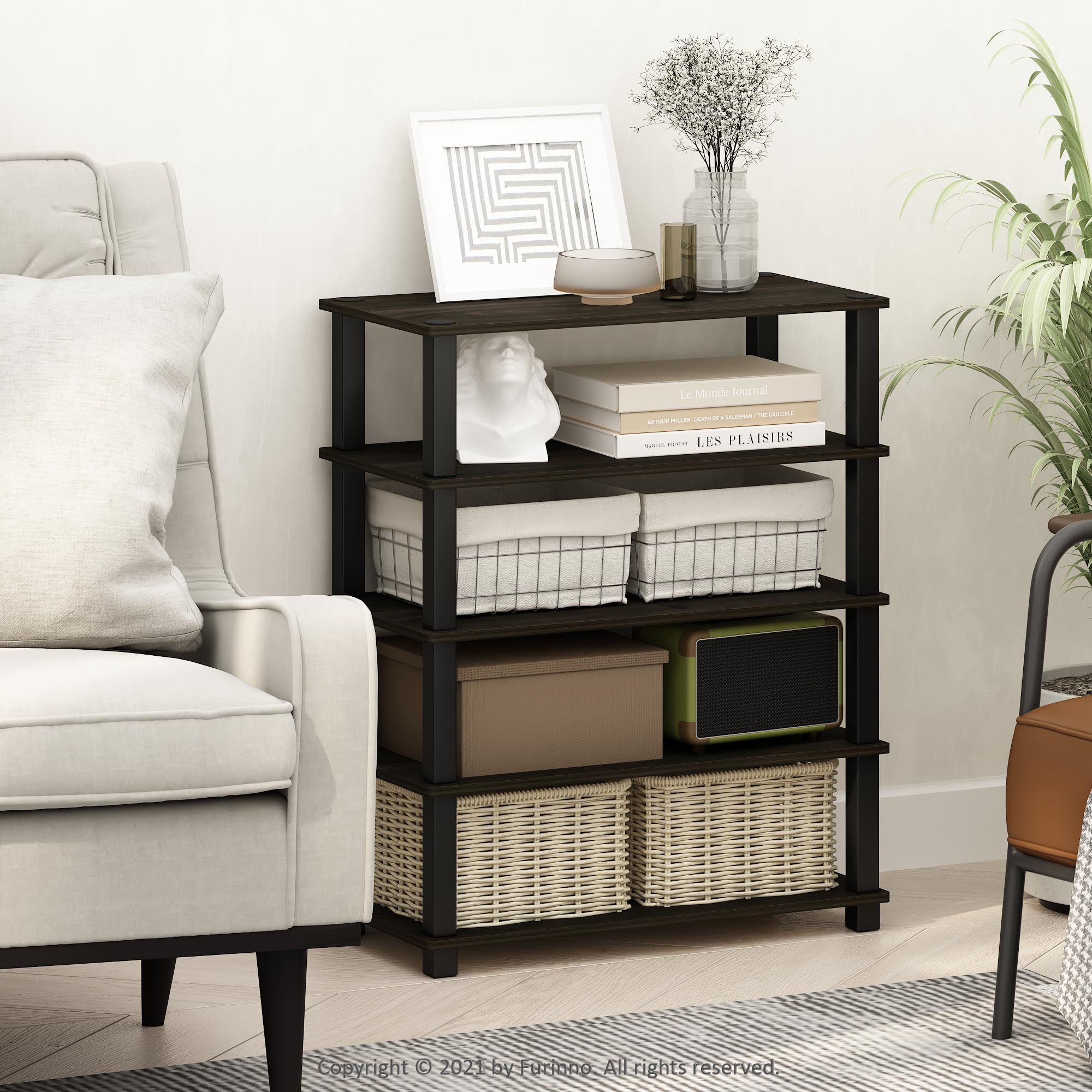 Furinno Turn-S-Tube 3-Tier Multipurpose Stackable Standing Shelves, Espresso/Black, Set of 2 Image Furinno Turn-S-Tube 3-Tier Multipurpose Stackable Standing Shelves, Espresso/Black, Set of 2 Image