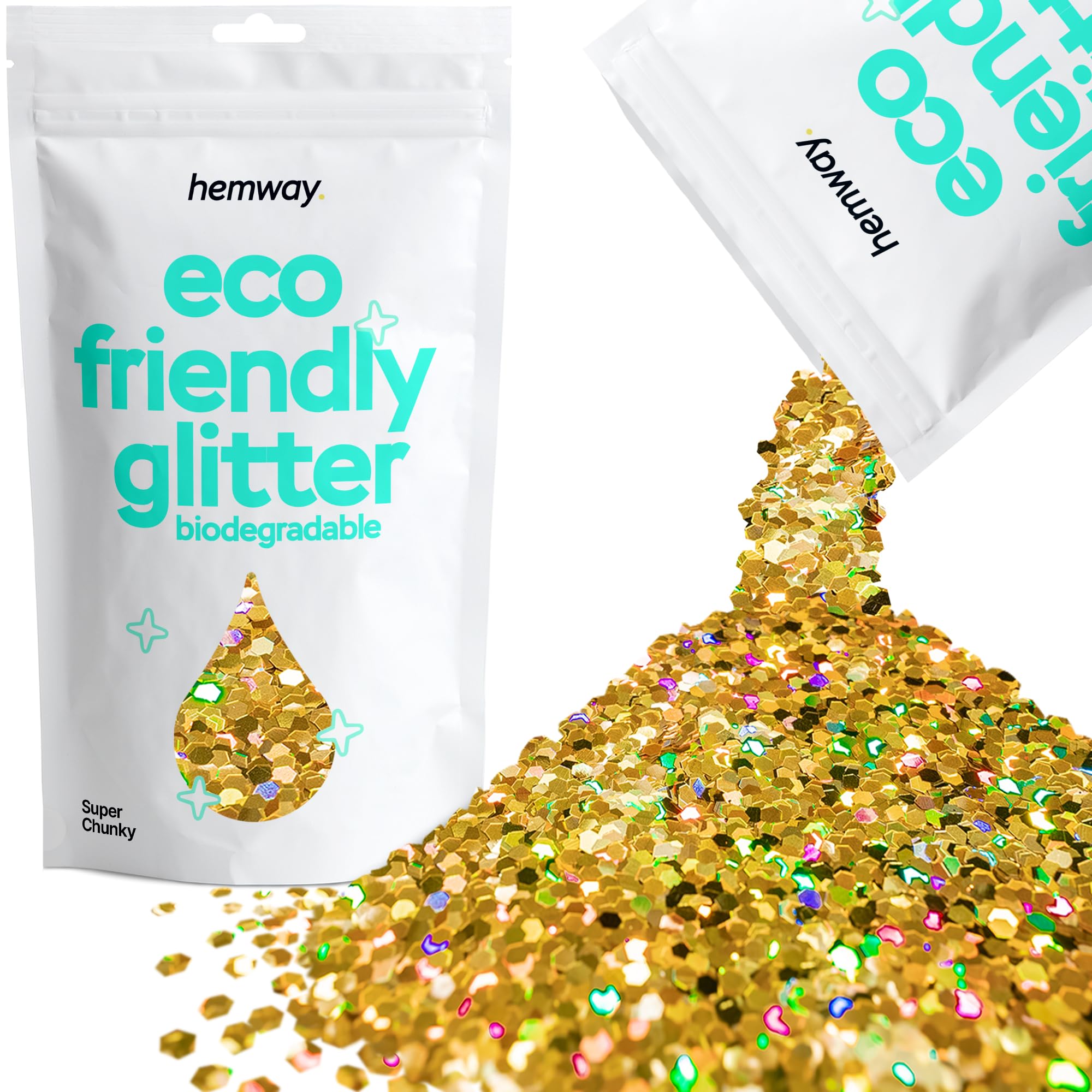 Eco Friendly Biodegradable Glitter | Gold Holographic - Super Chunky 100g, Plant Based, Biodegradable Glitter for Craft, Face, Hair, Nail, Body and Festival - Hemway