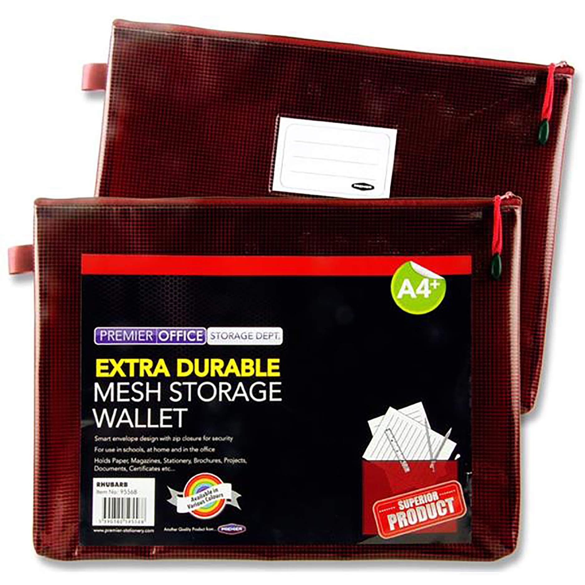 Premto (A4+ Size, Rhubarb), Extra Durable Mesh Bag, Smart Envelope Design, Waterproof Pouch for School Office Supplies, Zipper Pouch, Secure Zip Closure, Travel Bag