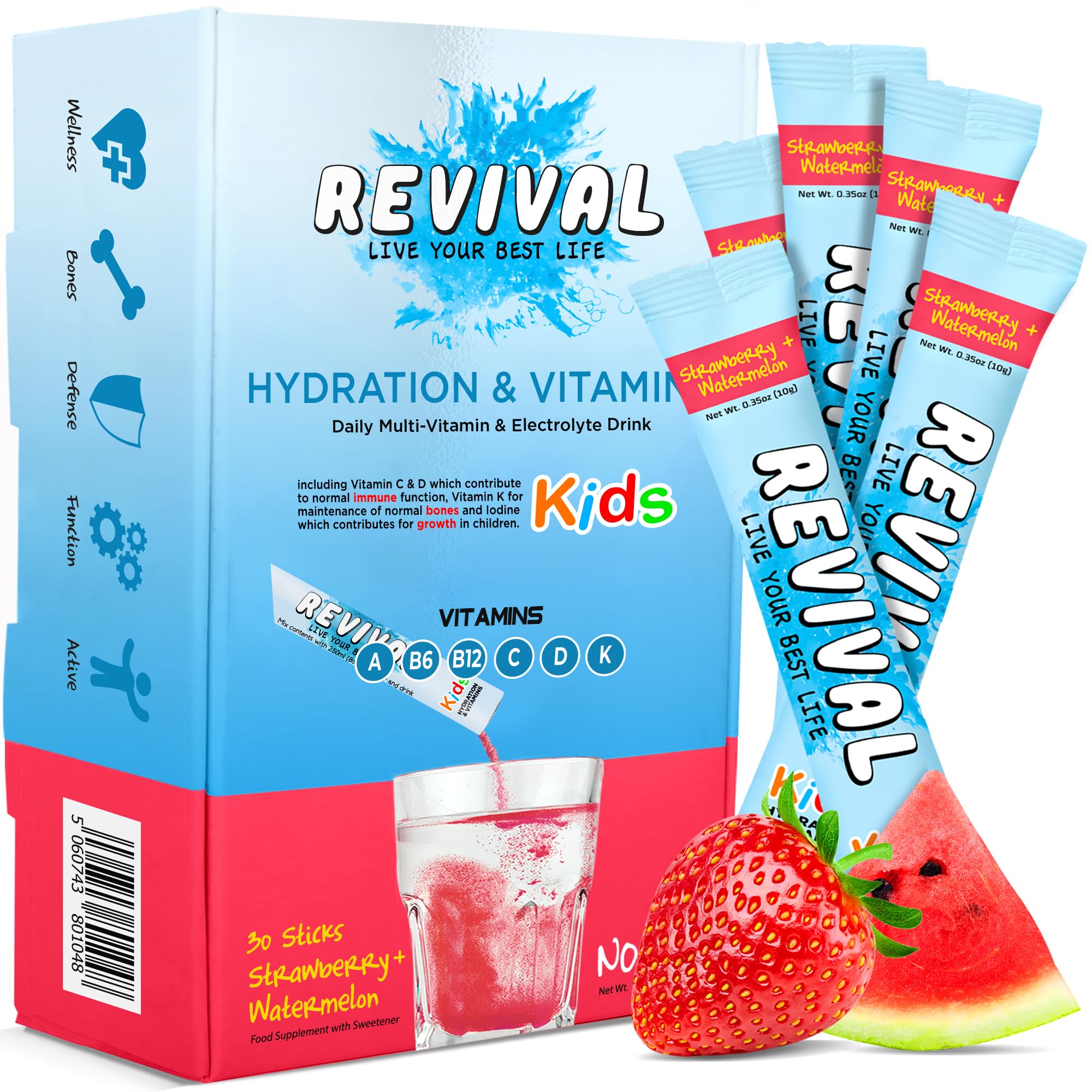 Revival Kids Hydration Vitamin Drink - Electrolyte Squash with Vitamins D, A, C, K, B6, B12 - Immunity, Growth, Development | Strawberry & Watermelon | 6 Pack — image 1