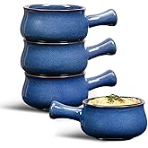Anmula French Onion Soup Bowls – 26 Oz Ceramic Soup Bowls with Handles – French Onion Soup Crocks for Chili, Beef Stew, Cheese – Oven Safe 5 Inch, Set of 4, Blue