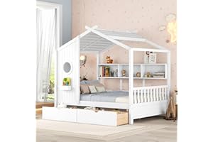 Linique Wooden Full Size House Bed with 2 Drawers and Storage Shelf,Full Platform Bed Frame with Pitched Roof,White