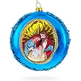 Serene Holy Family on Purple Disc Glass Christmas Ornament