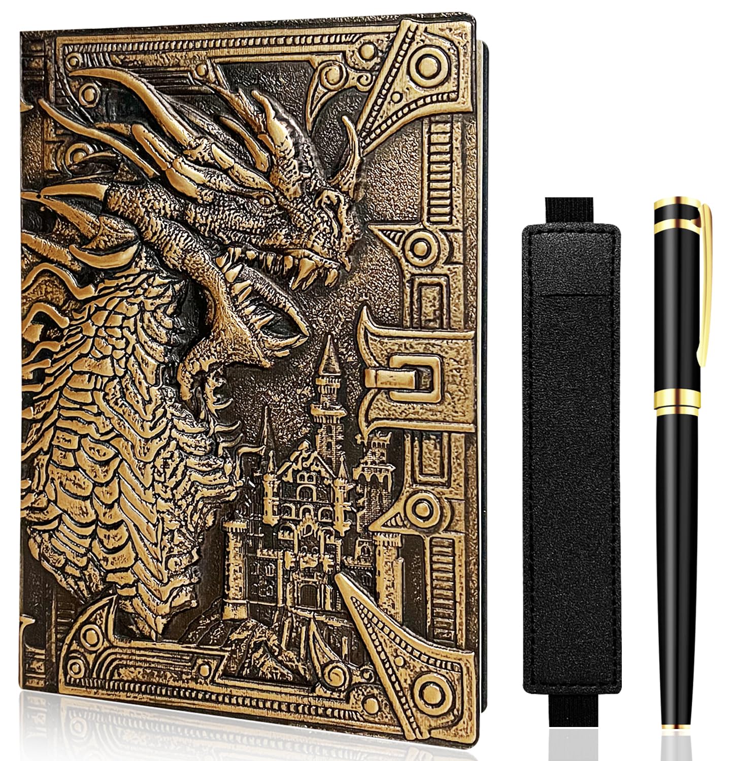 LISGO Vintage Dragon Embossed Leather Notebook DND Notebook Travel Journal with Ballpoint Pen and Pen Sleeve Antique Handmade A5 Journal,Hardcover Liner,Writing Notebook Gift for Men Women, Bronze
