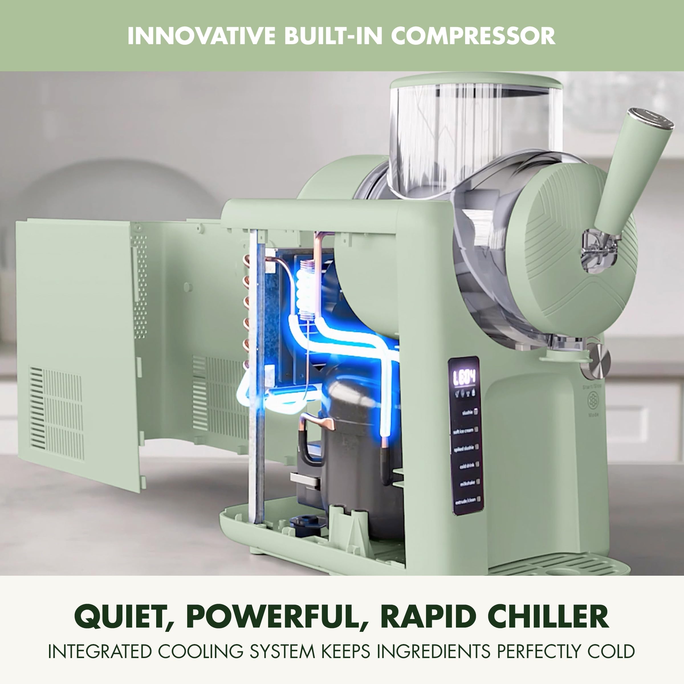 GreenPan Frost Máquina para hacer helados y bebidas congeladas, servicio suave, granizados, sorbetes, batidos y cócteles, no necesita congelador, 7 texturas, silencioso y rápido, fácil de limpiar, tamaño familiar, pistacho salvia