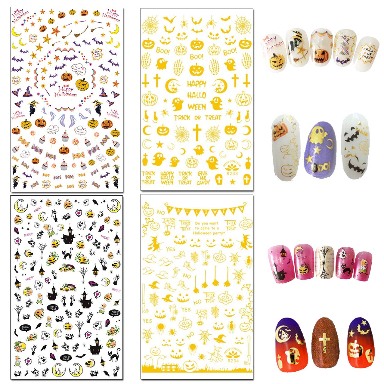 TailaiMei 1500 Pcs Halloween Nail Decals Stickers, 12 Sheets Self-Adhesive DIY Nail Art Tips Stencil for Halloween Party, Include Pumpkin/Bat/Ghost/Witch etc: Beauty