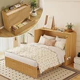 Full Size Murphy Bed Cabinet: Oak Cabinet Murphy Bed for Living Room | Fluted Wood Cabinet Bed with Charging Station, Double Hide a Bed Cabinet with Large Drawer for Guest Room, Office