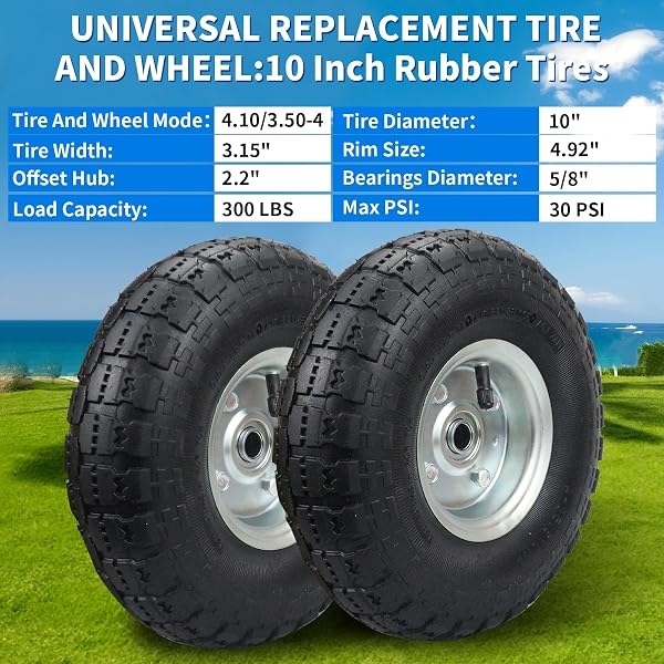 (2 PACK) RRQ 10 INCH PNEUMATIC WHEEL 4.10/3.50-4 TIRE, 10″ PNEUMATIC WHEELS WITH 5/8″ BEARINGS,2.2″ OFFSET HUB FOR GARDEN CART, HAND TRUCK, LAWN CART, MOWER