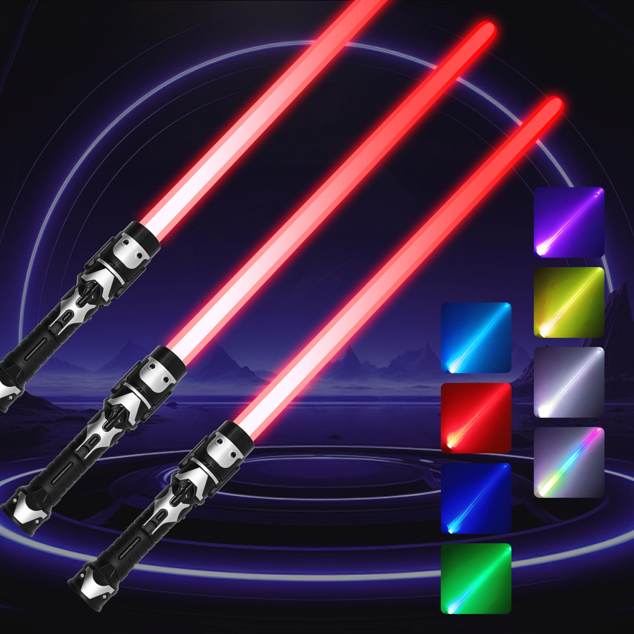 Photo 1 of HegangNiu 3 Pack Light Up Sabers with FX Sound(Motion Sensitive) and Realistic Handle for Kids,Light Swords Set for Halloween Dress Up Parties, Xmas Present, Galaxy War Fighters