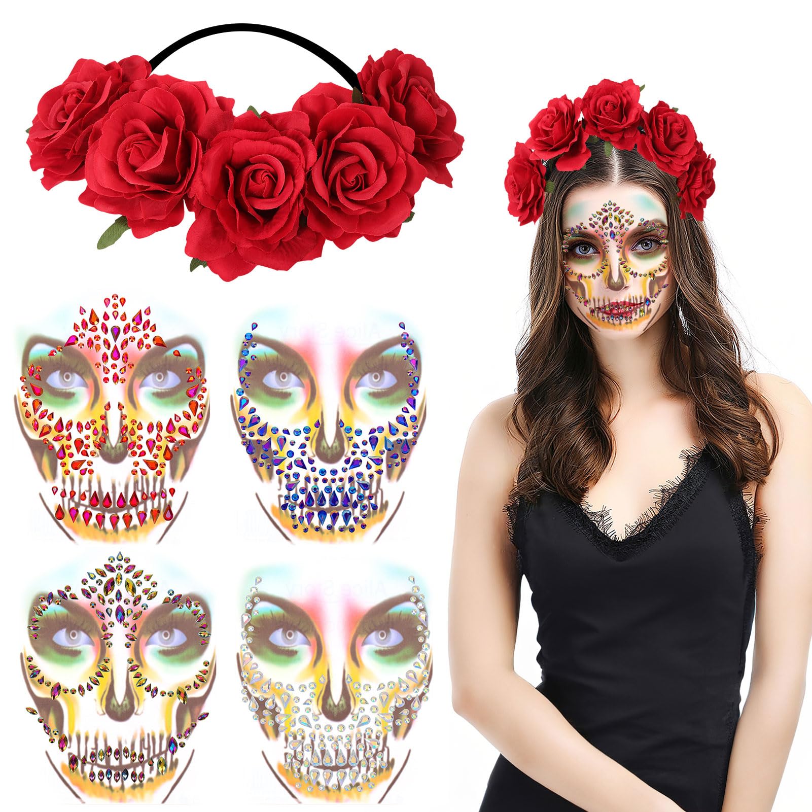 HOWAF Day of The Dead Headband, Rose Floral Crown Garland with 4pcs Halloween Tattoo Face Stickers for Women's Day of The Dead Costume