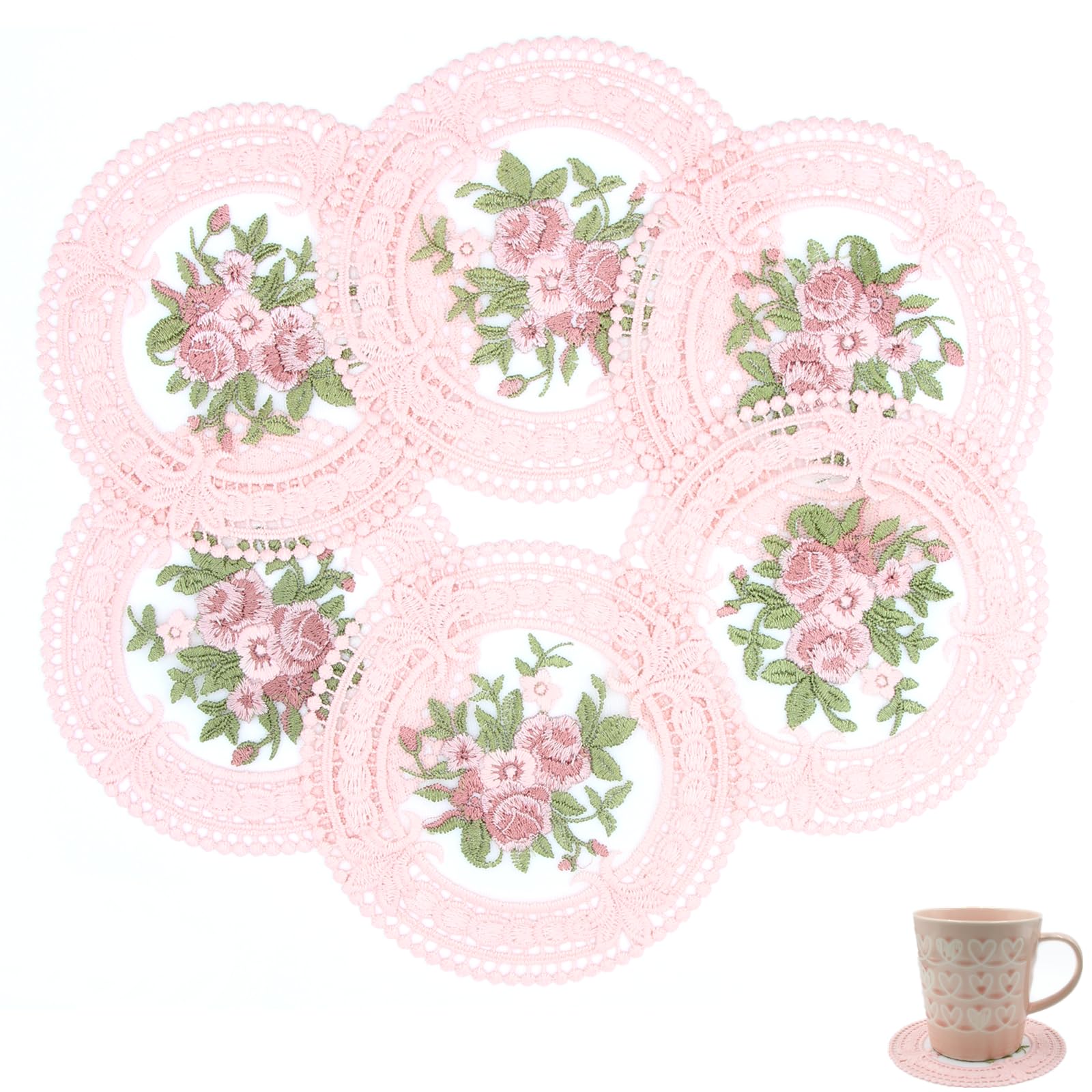 Photo 1 of 4.5'' 8pk Vintage Lace Pink Coasters, Round Embroidery Cloth Coasters for Drinks, Small Crochet doilies for Crafts, Cups, Table Decoration (Peach)