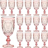 Wiwiqing 24 Pcs Plastic Goblets 7.5oz Vintage Goblet Plastic Wine Glasses Colored Retro Embossed Water Goblets for Wine Bar Juice Baby Shower Wedding Reception Grand Event Party (Pink)
