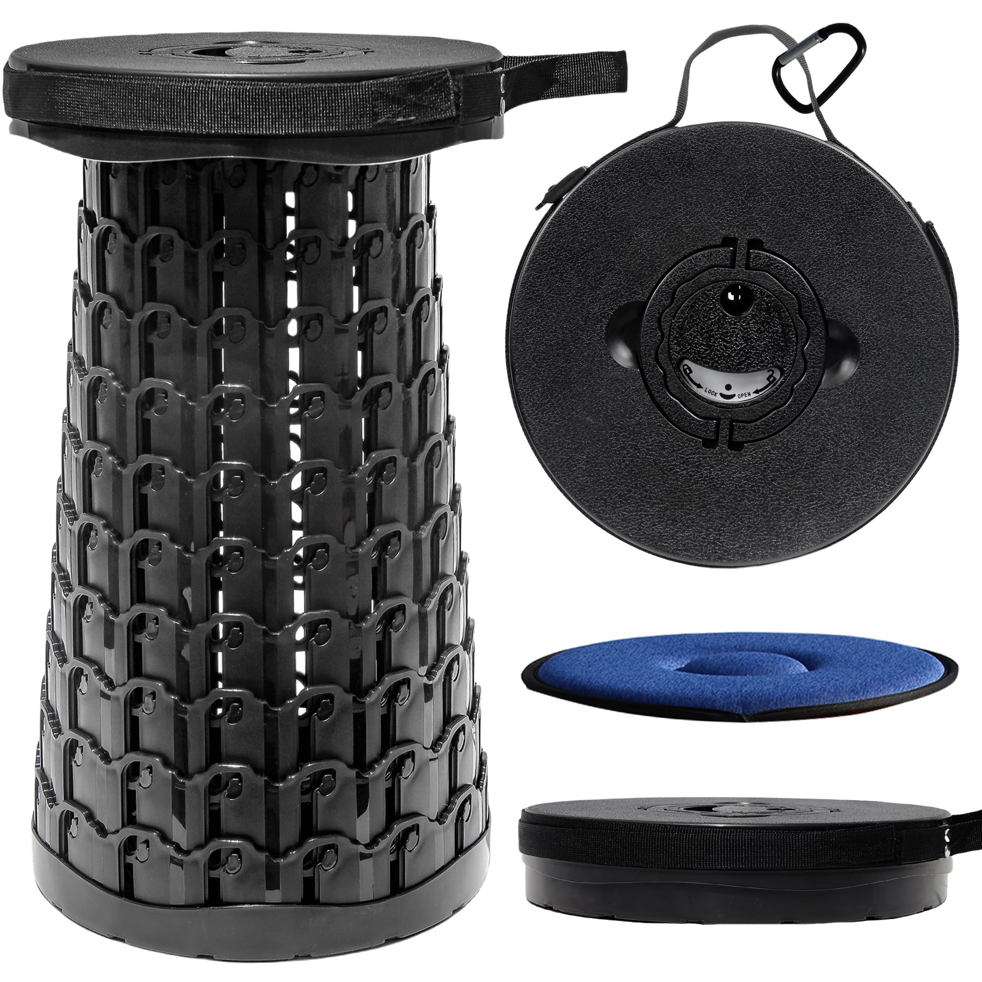 ALEVMOOM XXL 50CM Folding Stool with Cushion, Capacity 1000lbs Portable Stools for Adults Heavy Duty, Adjustable Height Telescoping Collapsible Stool, for Outdoor Camping Travel Hiking Fishing