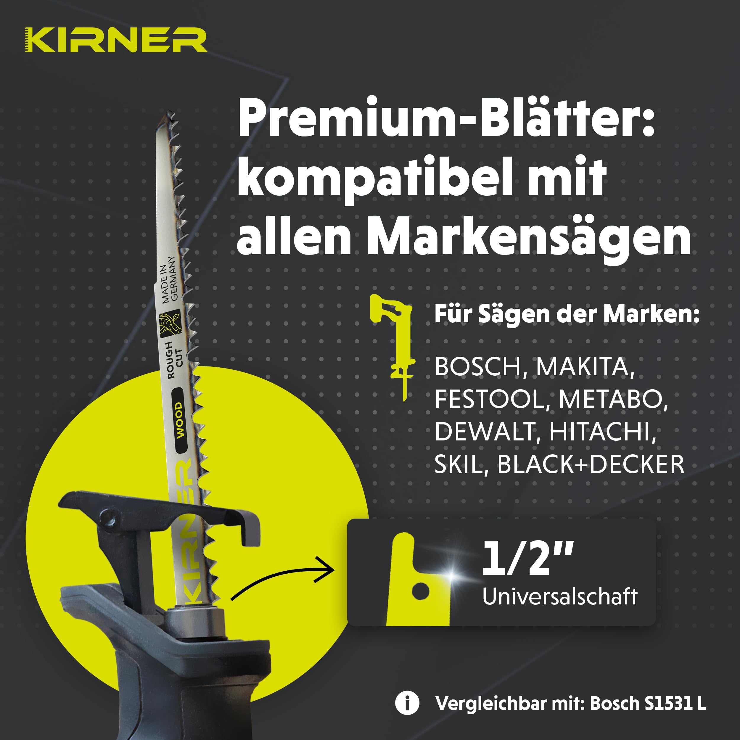 KIRNER Säbelsägeblätter Grünholz & Äste 240mm [ Extrem Scharf & Langlebig ] 10er Pack Sägeblätter Säbelsäge für die Gartenarbeit - Reciprosägeblätter mit Universalaufnahme bis zu 190mm 5