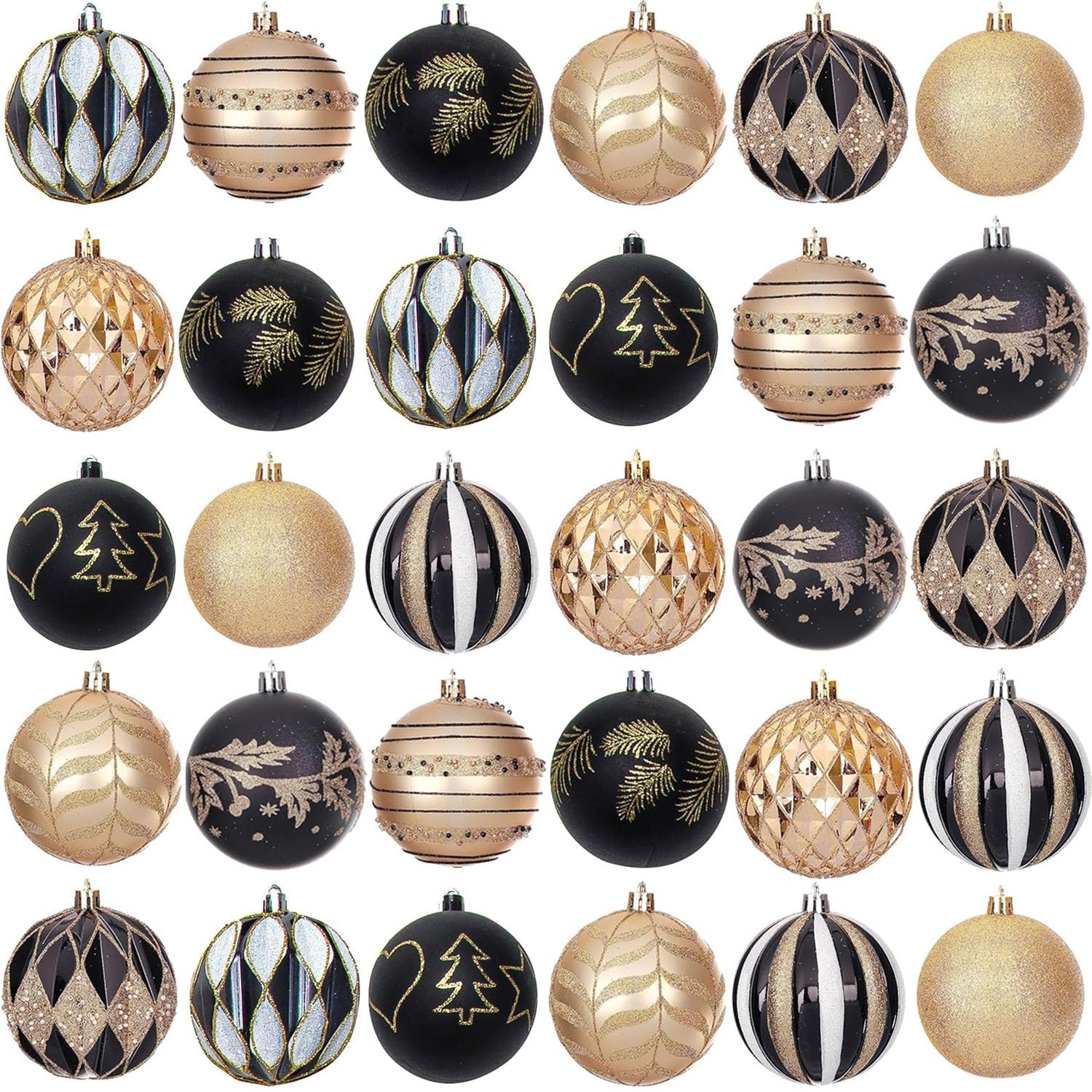 30pcs Shatterproof Christmas Baubles,10 Styles Traditional Christmas Ball Ornaments for xmas Tree Decorations (Black Gold)