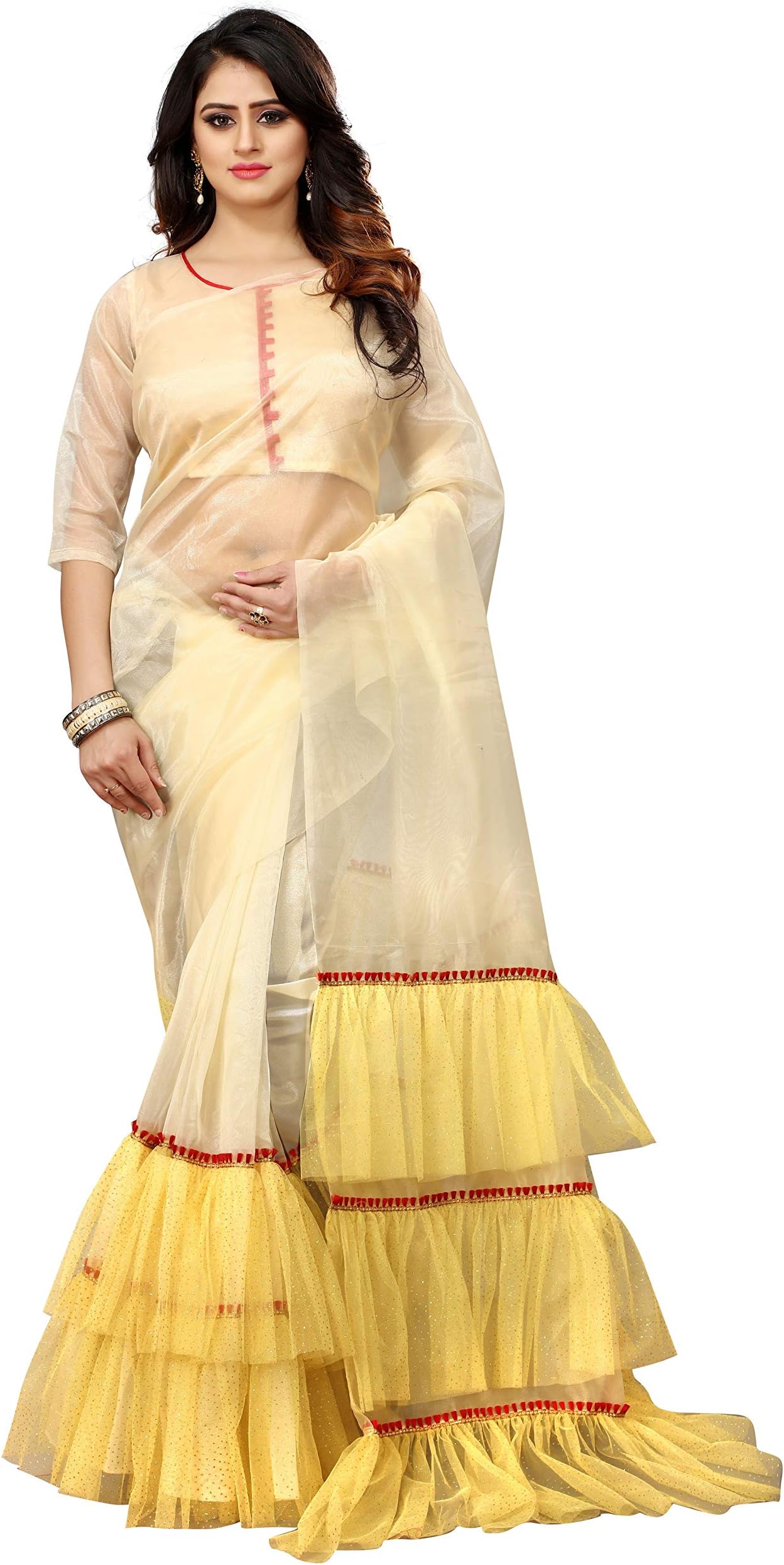 Vastrang Sarees Women's Silk Ruffle Saree with Blouse Piece; Frilly