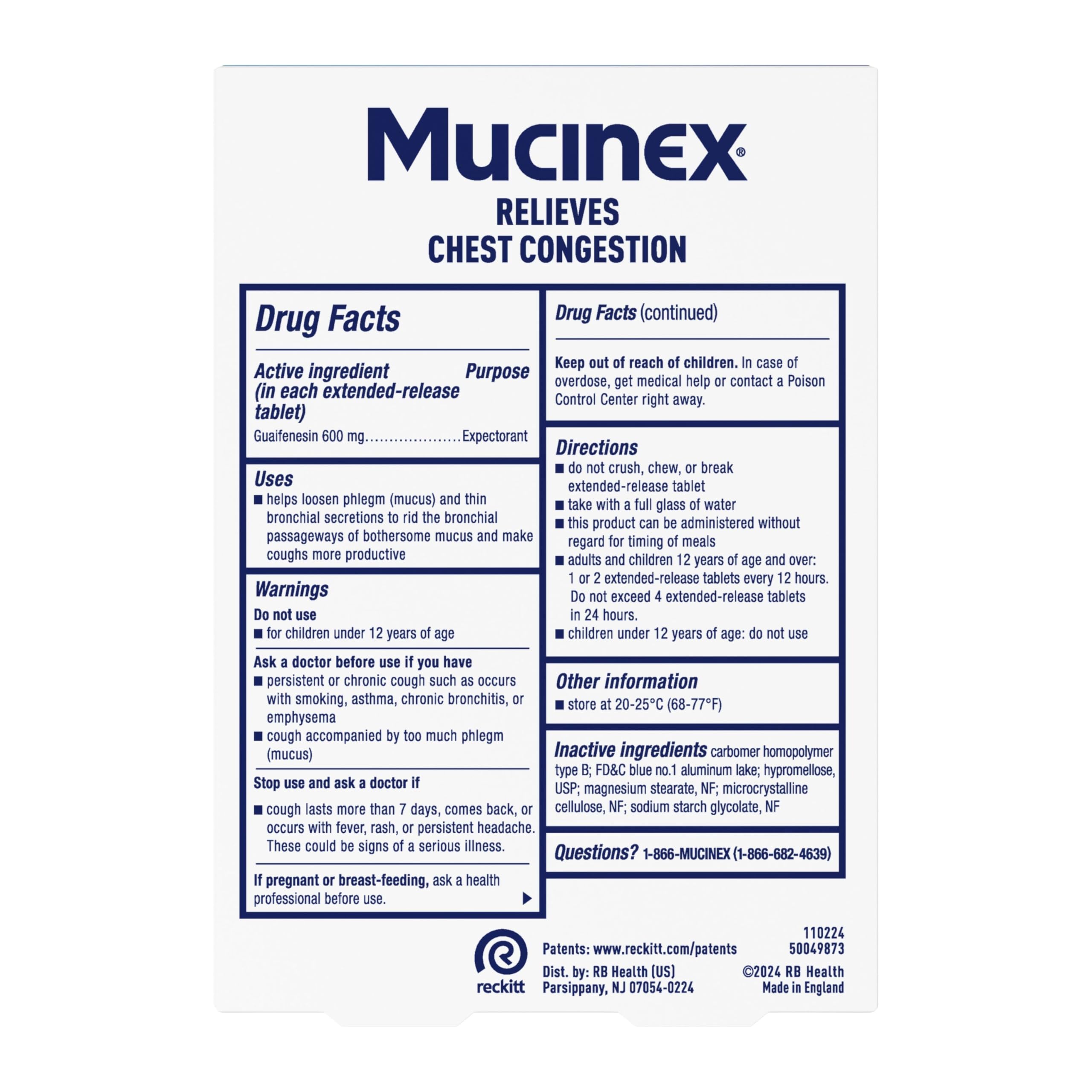 Mucinex Chest Congestion, Expectorant 12 Hour Extended Release Tablets, 20ct, 600mg Guaifenesin with Extended Relief of Chest Congestion Caused by Excess Mucus. Thins and Loosens Mucus