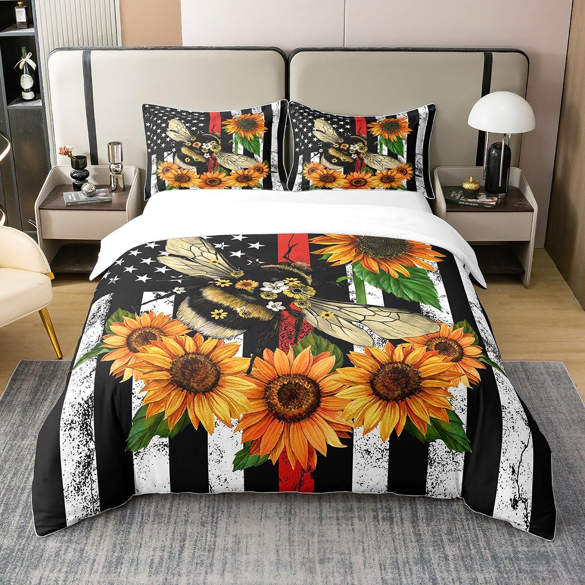 100 Cotton Wildflower Bee Duvet Cover,Vintage Sunflower Bedding Set Double,Grunge Comforter Cover,Botanical Floral Plants Quilt Cover with 1 Pillow Case Soft