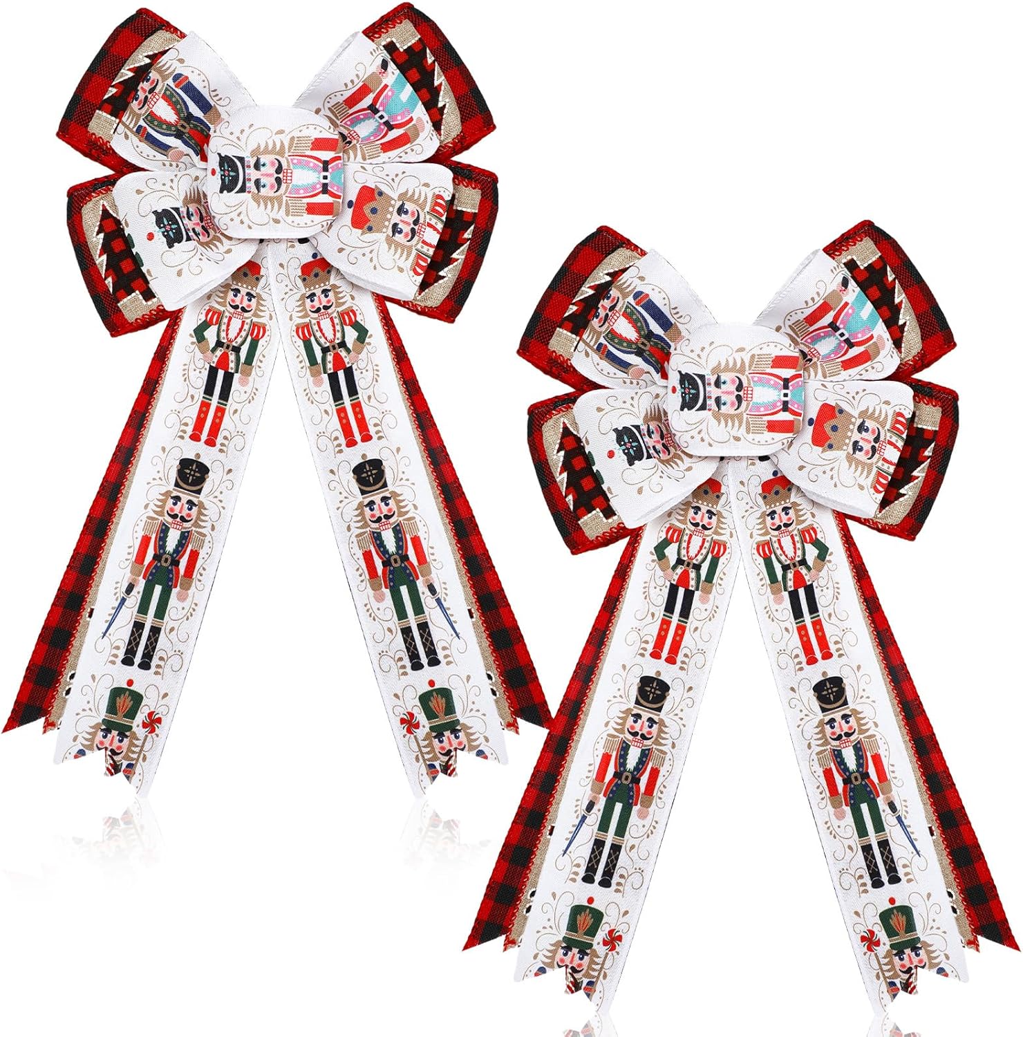 Bows & Ribbons - Hotop 2 Pcs Christmas Nutcracker Bow Wreath Bow Xmas Wreath Burlap Bow Winter Door Wall Decor Buffalo Plaid Christmas Tree Topper for Indoor Outdoor Xmas Party Decoration, 18 x 10 Inch