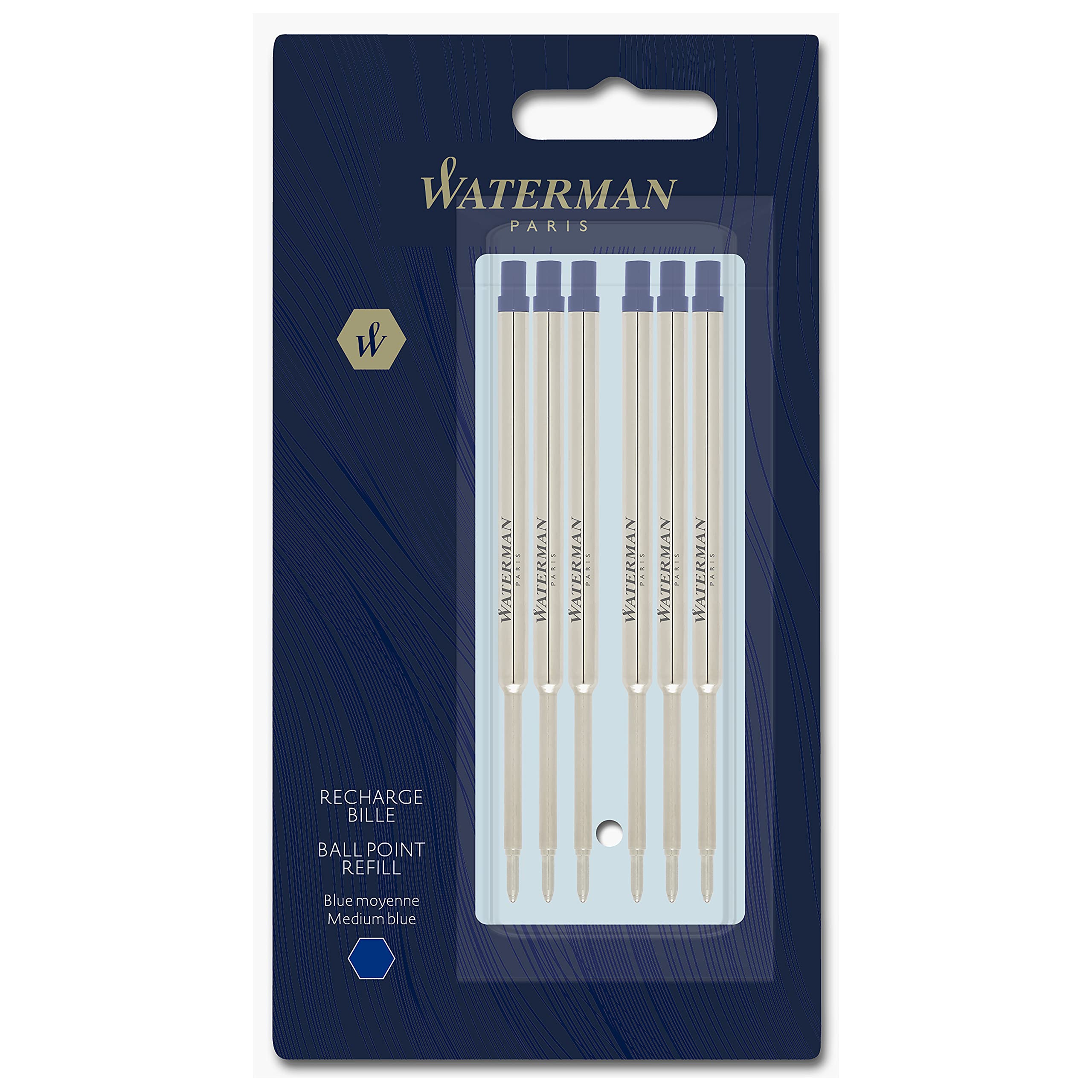 Waterman Ballpoint Pen Refill, Medium Point, Blue Ink,6 Count