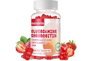 Nutravita Glucosamine Chondroitin Gummies with MSM & Elderberry Extra Strength - Joint Support, Antioxidant Immune Support Supplement for Adults, Men & Women.60 Strawberry Chews