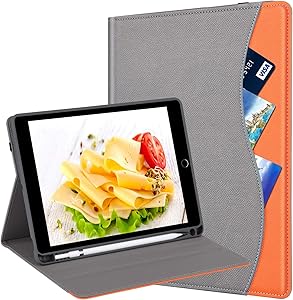iPad Case 10.2 Inch 8th Generation & 7th Gen with Pencil Holder and Pocket, Multi-Angle Stand Cover for Kids, Auto Wake/Sleep Heavy Duty Protective Folio for iPad 2020/2019-Grey/Orange