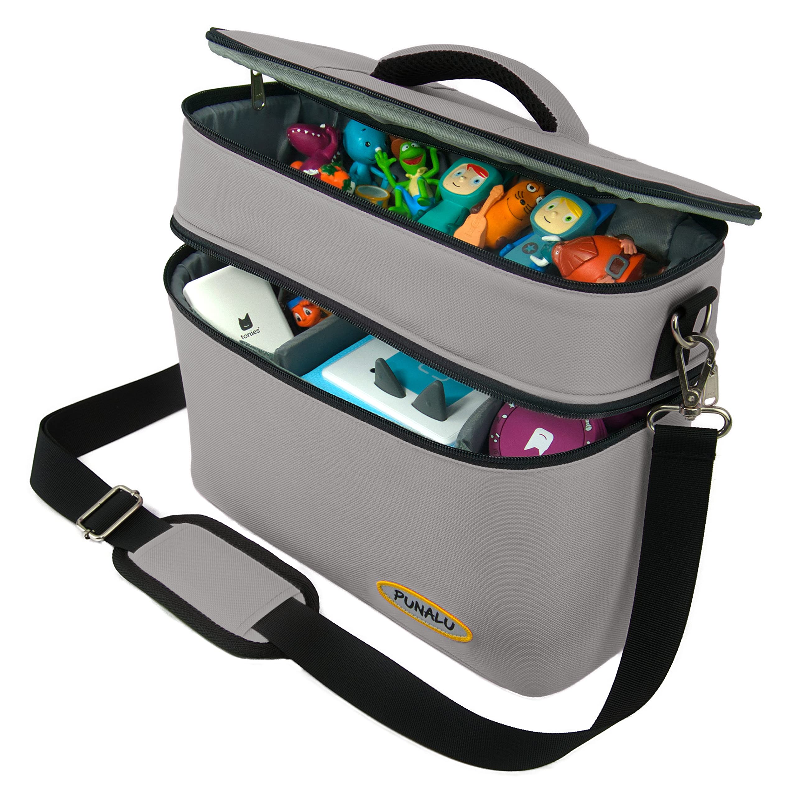 PUNALU Large bag for Toniebox, space for 68 Tonie audio figures, Toniebox bag (grey)