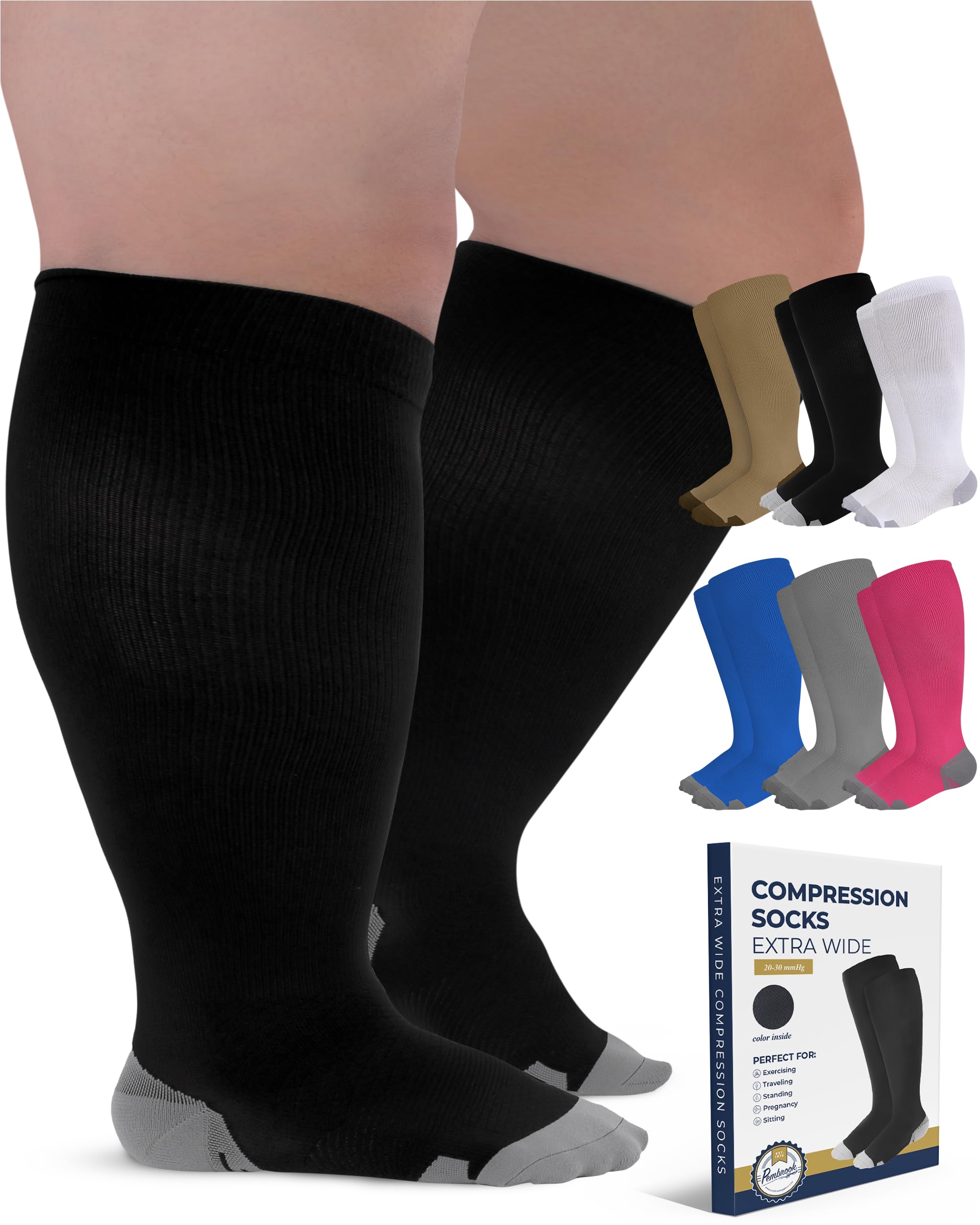 Photo 1 of Pembrook Plus Size Compression Socks Wide Calf - Up to 6XL | Black Wide Calf Compression Socks Women Plus Size | Circulation Support