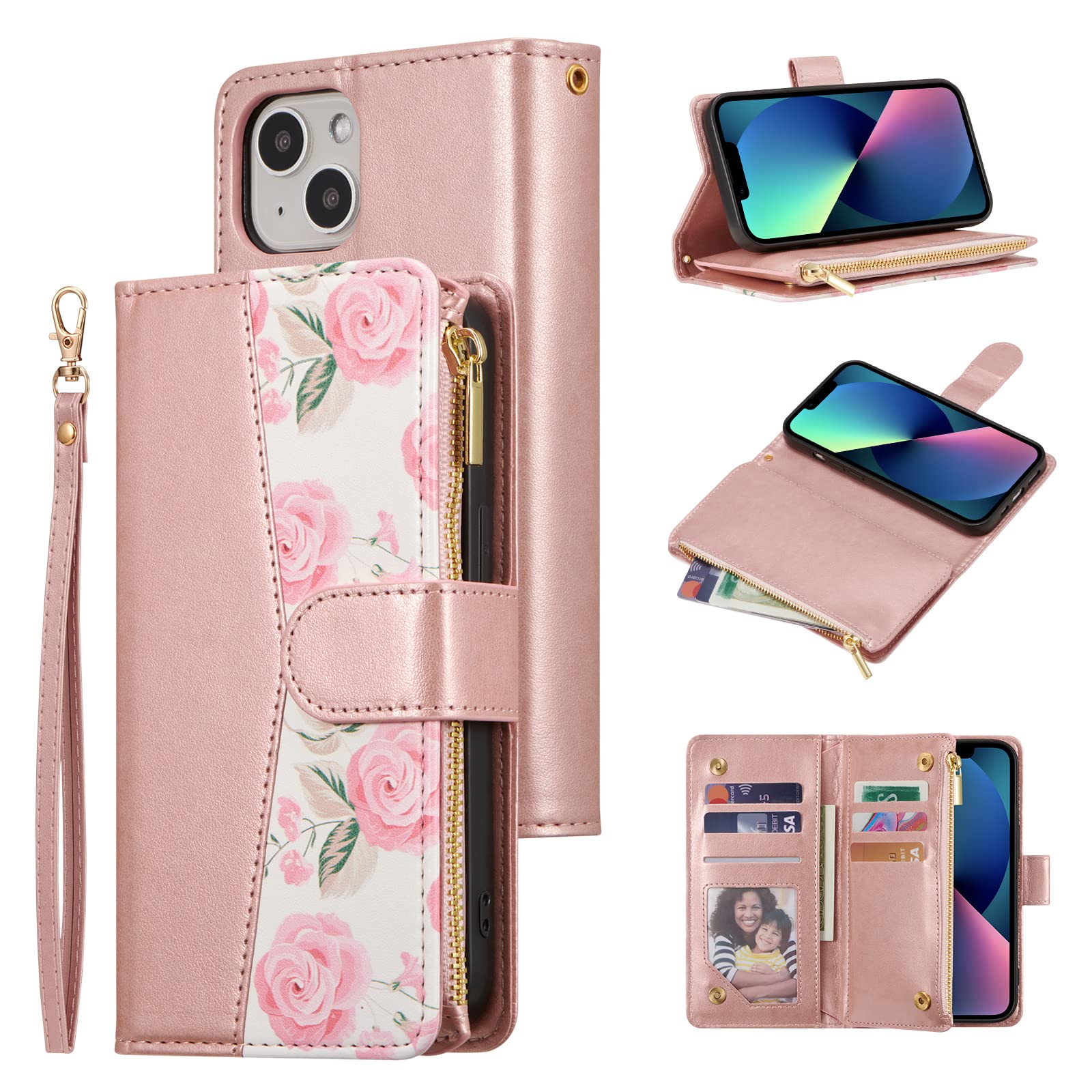 UEEBAI Wallet Case for iPhone 15 6.1 inch, PU Leather Magnetic Closure Handbag Zipper Pocket Case Kickstand Card Holder Slots with Wrist Strap TPU Shockproof Flip Cover - Rose Gold โ image 1