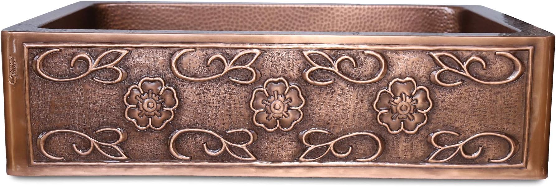Coppersmith Creations 33 x 22 x 9 inch Single Bowl Copper Kitchen Sink (Three Flowers & Petals Front Apron Design) Unbeatable Quality at Unbeatable Price Limited Period Christmas & New Year Sale