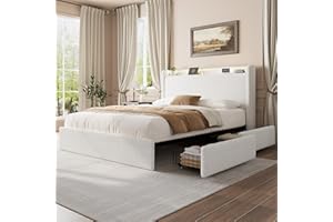 IDEALHOUSE Queen Bed Frame with Storage Headboard, Charging Station, 4 Storage Drawers, No Box Spring Needed, Noise-Free Velc