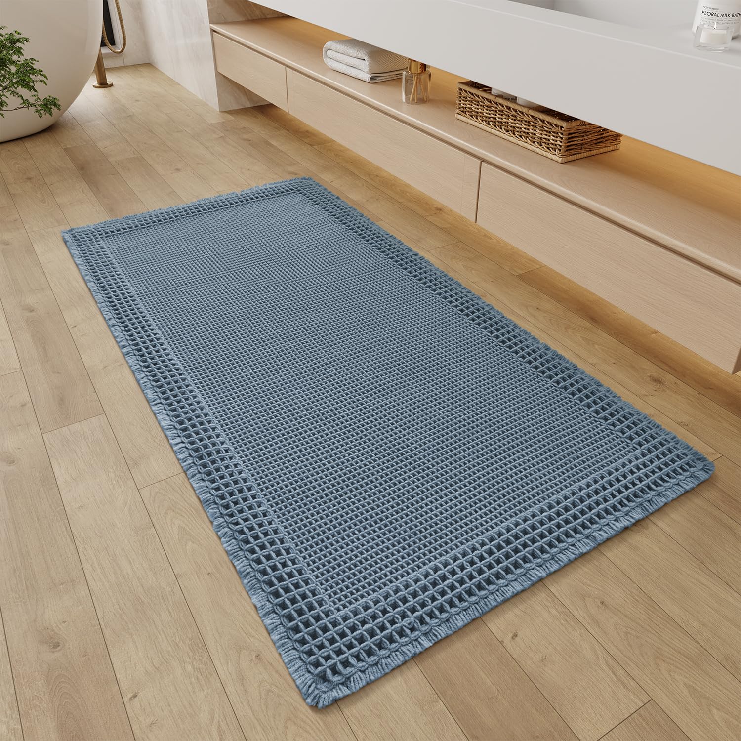 Photo 1 of RESARE Waffle Bathroom Runner Rugs, Super Absorbent Bath Mat Non Slip Washable Quick Dry, Upgraded Ultra Soft Boho Bath Rugs with Tassels for