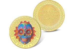 BRAVEBLOOM Affirmation AA Sobriety Coin - Colorful Skull Flower One Day at a Time Recovery Chip Medallion with Inspirational Message - Sobriety Gift for Sober Anniversary - AA Token Gift for Men & Women