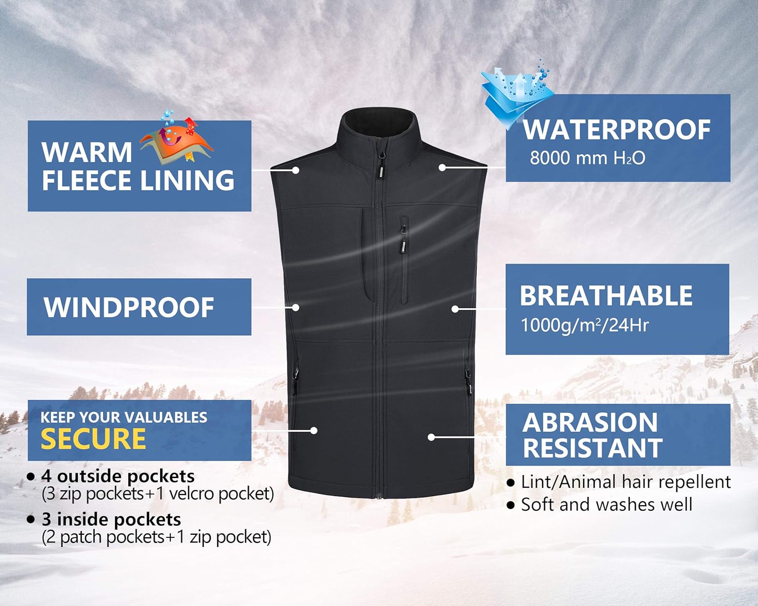 Outdoor Ventures Men's Running Vest Outerwear, Lightweight Windproof Fleece-Lined Softshell Sleeveless Jacket for Golf: Clothing