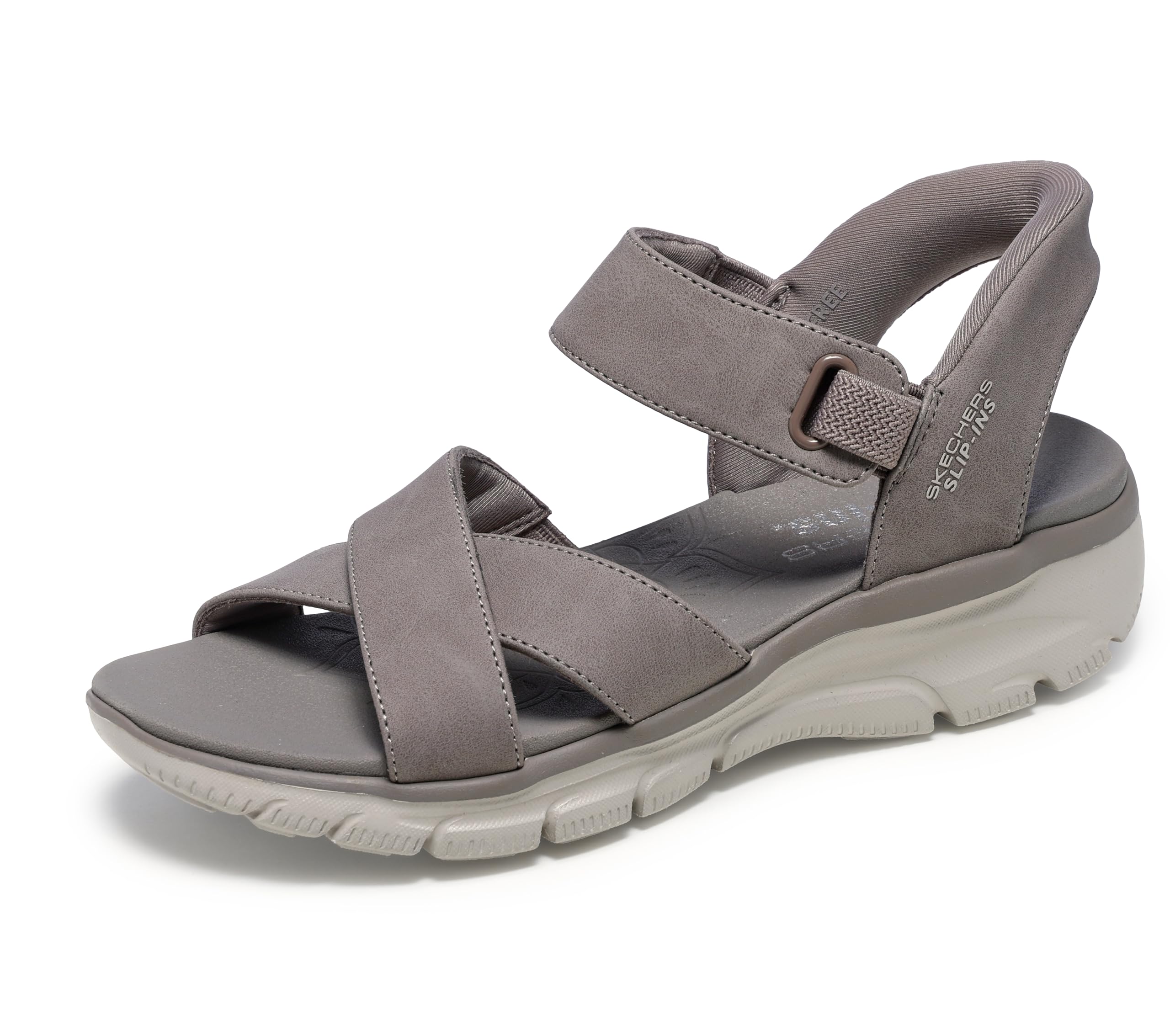 Skechers Women’s EASY GOING – SOMEWHERE SUNNY, Hands Free Slip-Ins Cross Band Sandal, Taupe, 5.5M