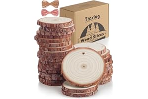 Travlog Unfinished Wood Slices with Hole, Natural Wood Circles Blank with Bark for DIY Crafts, Home Decor, Christmas Ornaments (30Pcs, 2.8-3.1 Inch)