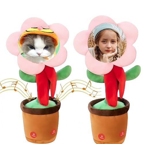 Personalized Dancing Flower with Custom Photo Face,Customized Singing Dancing Talking Repeat Your Words,Interactive Baby Educational Soft toys for Kids Battery version gift bag (A-pink)