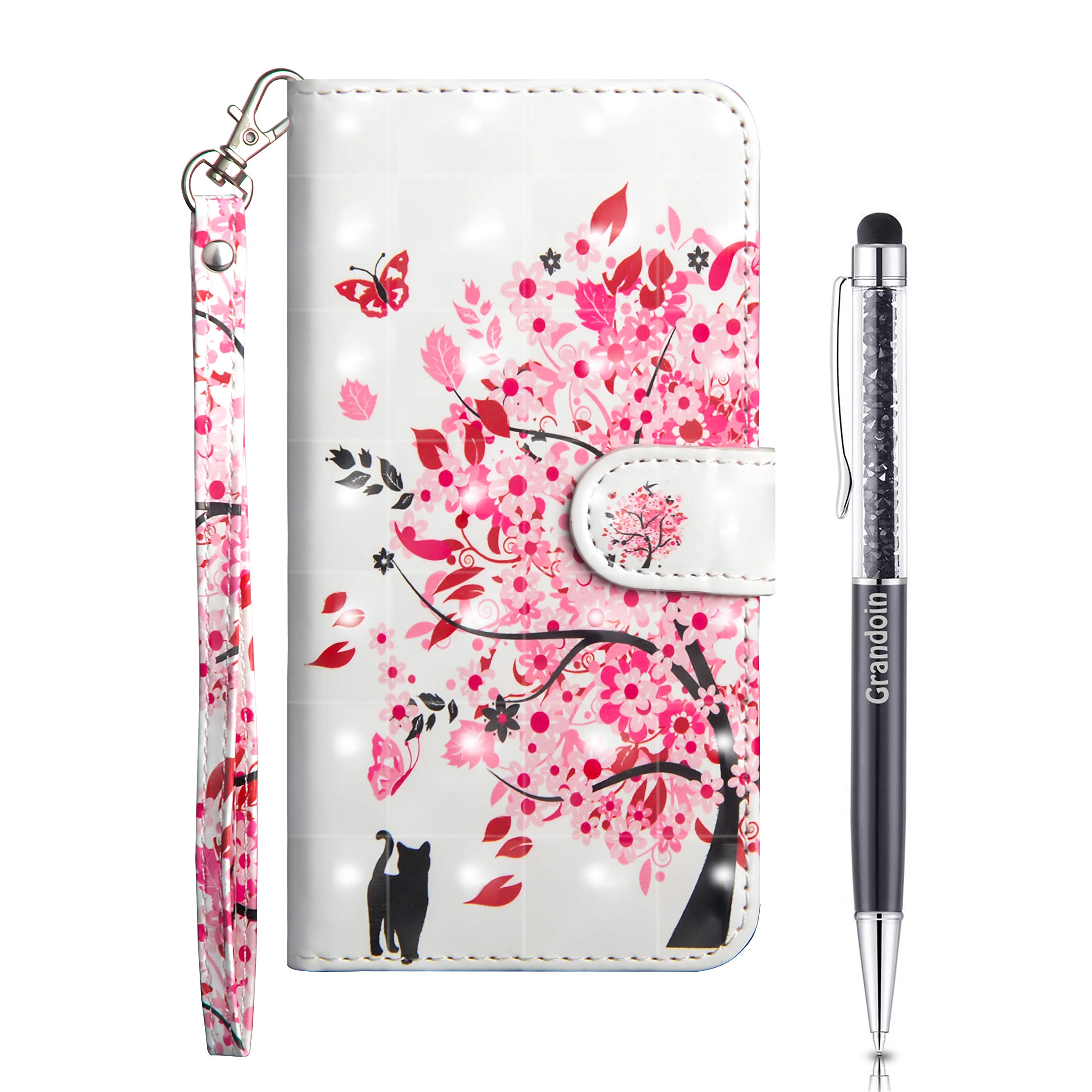Grandoin Case for iPhone 11 (6.1 Inches), 3D Premium PU Leather Unique Design Magnetic Flip Cover with Card Slots Holders [Soft Silicone Inner] Bookstyle Wallet Case (Pink Tree)