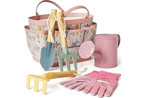 KINDERIFIC Gardening Set, Tool Kit, for Kids, STEM, Includes Tote Bag, Spade, Watering Can, Rake, Fork, Trowel and Gloves (Petal)