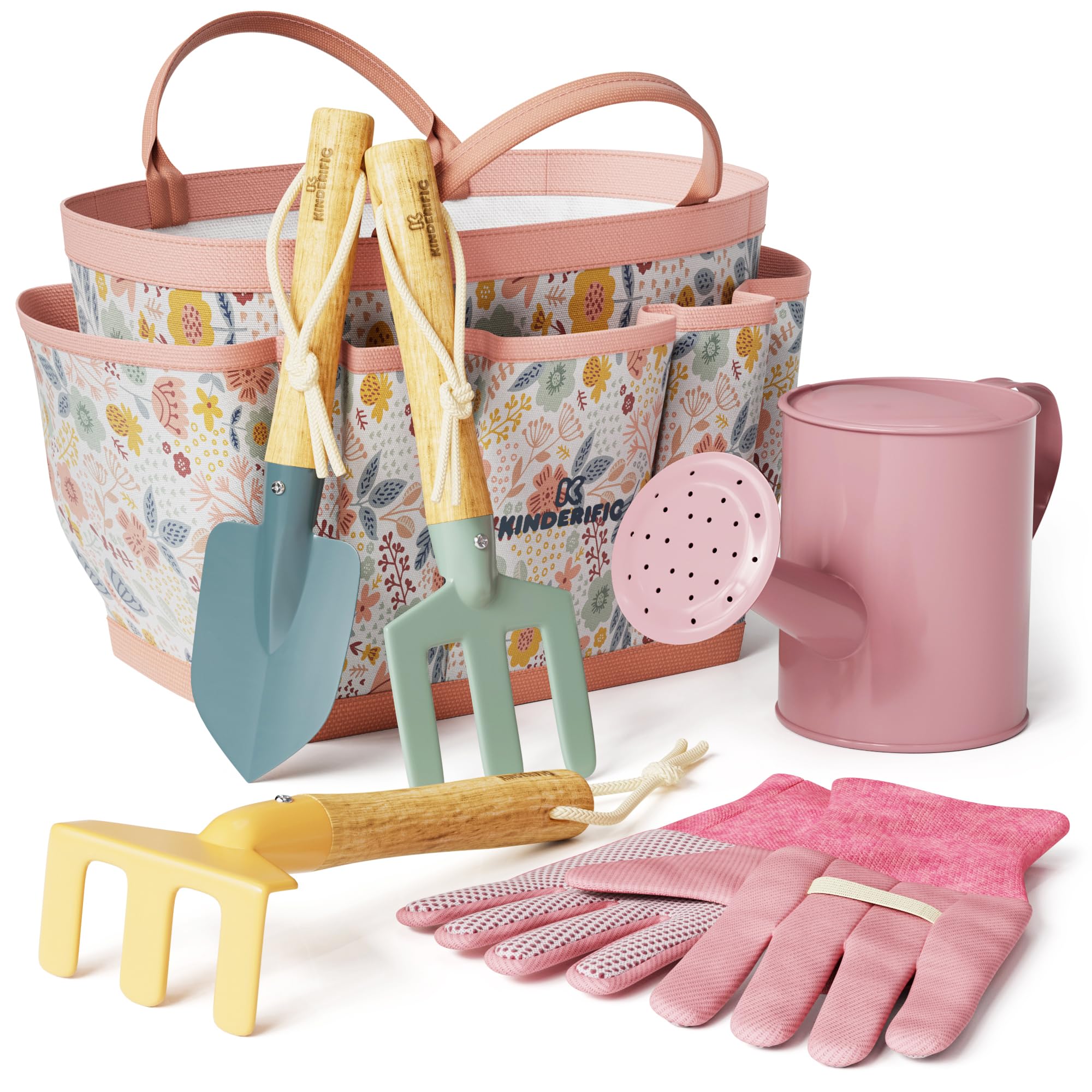 Kinderific Gardening Set, Tool Kit, for Kids, STEM, Includes Tote Bag, Spade, Watering Can, Rake, Fork, Trowel and Gloves (Petal)