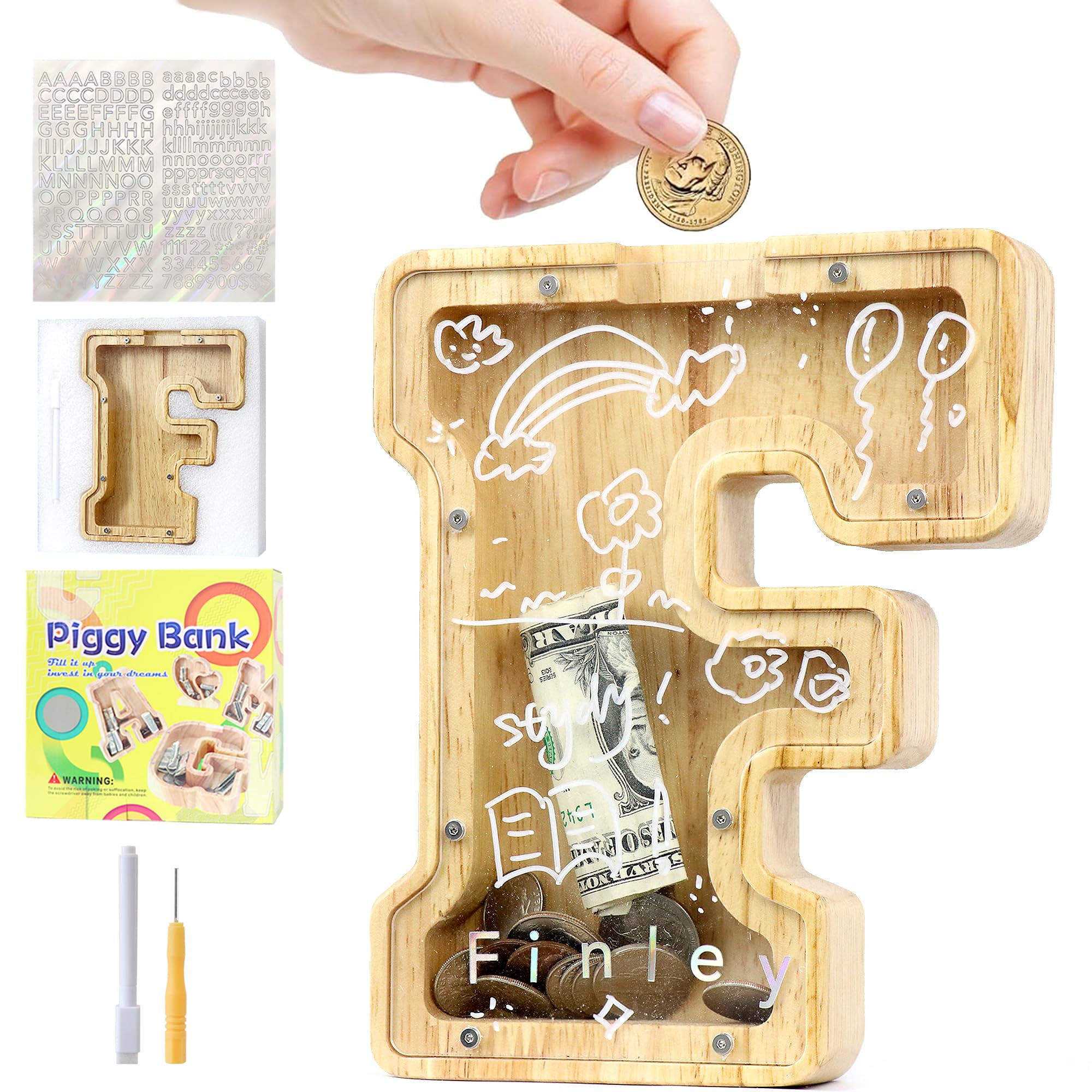 Mikytoper Money Box for Kids, Wooden Letter Piggy Banks for Kids, Personalized Money Box Clear Money Bank, Boys Girls Toddler Birthday Festival Gift (F)