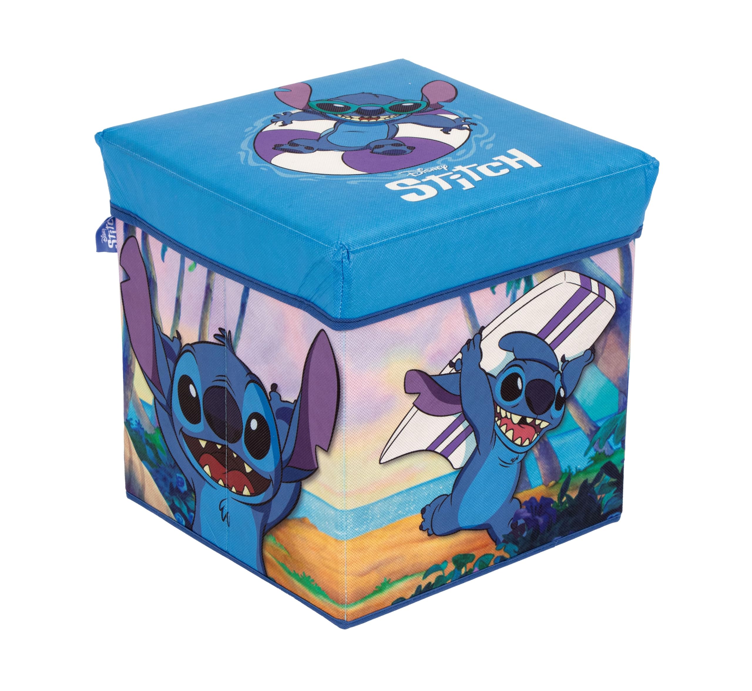 Superdiver - Storage Box and Stool Stitch - Official Disney License - 30x30x30 cm - Foldable Pouf with Padded Lid - Toy Organizer