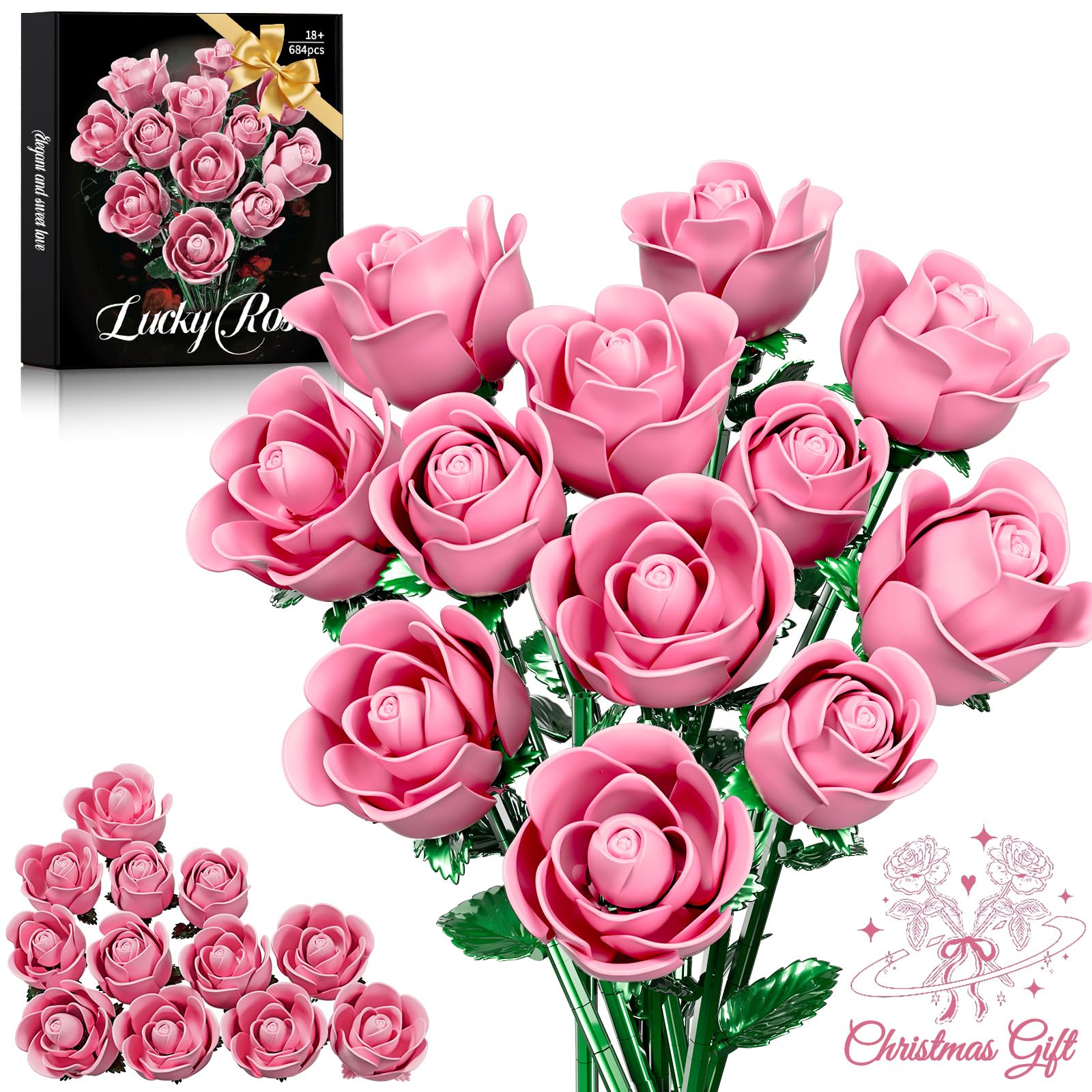 Photo 1 of XGSHJ Pink Rose Bouquet Building Set for Adults Women - 12 Pack Botanical Collection Gift for Christmas Valentine's Day & Mother's Day Artificial Flowers Botanical Collection Centerpiece Retro Decor