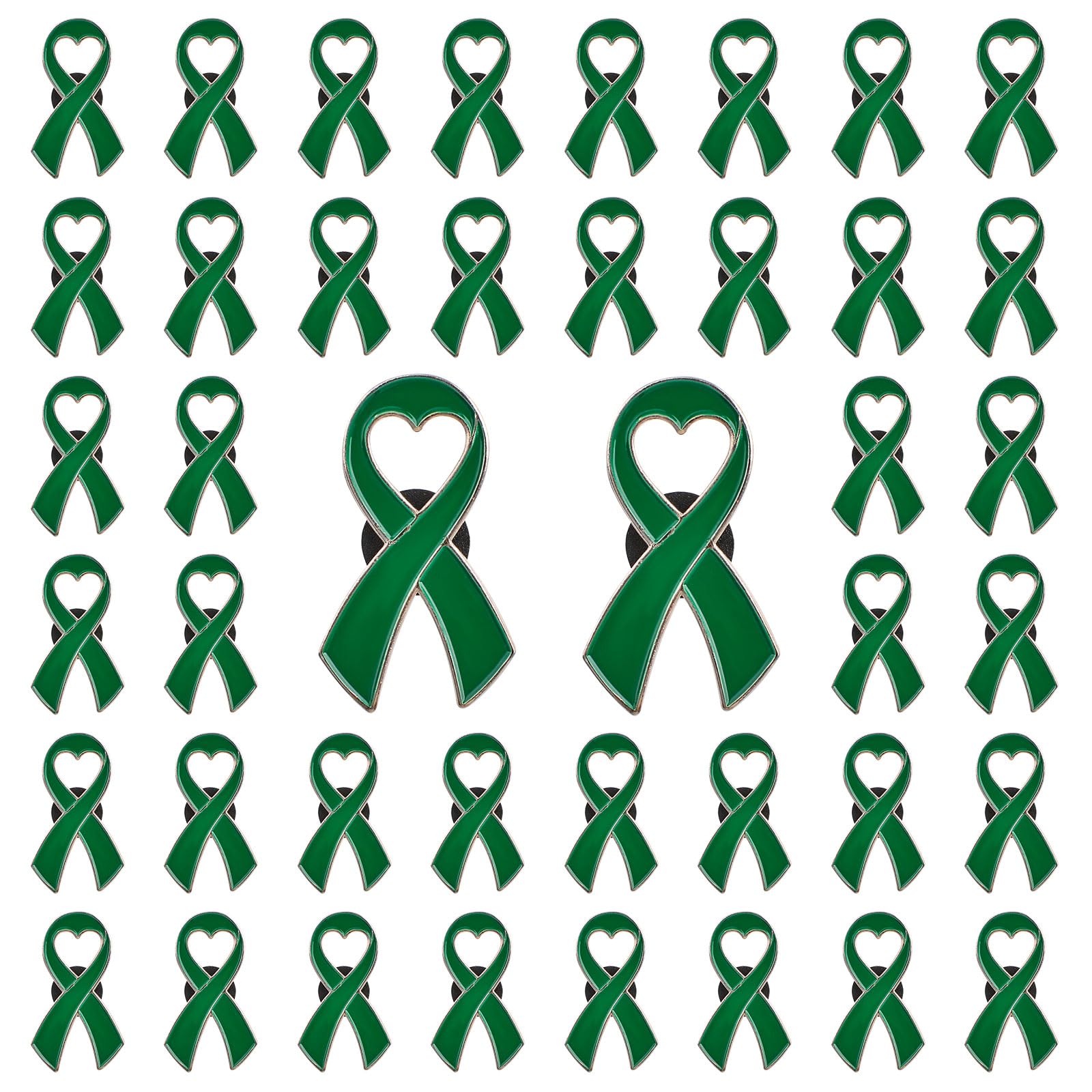 CRAFFANCY 50Pcs Heart Green Ribbon Mental Health Pin Badges Alloy Mental Health Awareness Brooches Liver Cancer Pin Badges Souvenir Brooches with Silicone Clasp for Charity Event(3.5 * 2cm) — image 1
