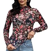 Womens Mesh Tops Lace Long Sleeve Shirts Mock Neck Slim Fitted Top See Through Tee Shirts Party Club Night Lace Blouse