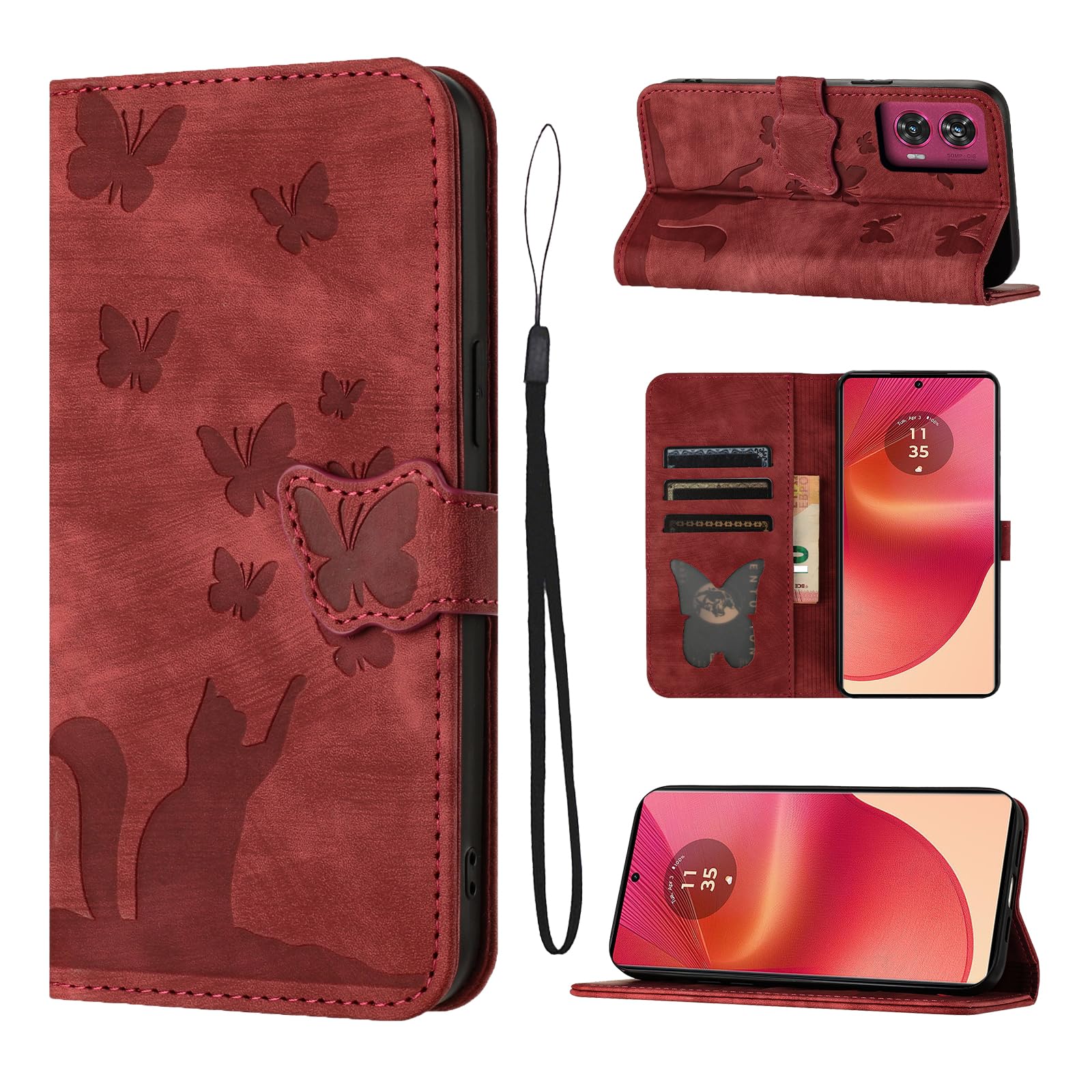 LSPCASA Phone Case For Motorola Edge 50 Fusion 5G 6.7 inch Premium PU Leather Material Edge 50 Fusion Case With Card Slots Cat Butterfly Pattern Edge 50 Fusion Phone Cases, Red