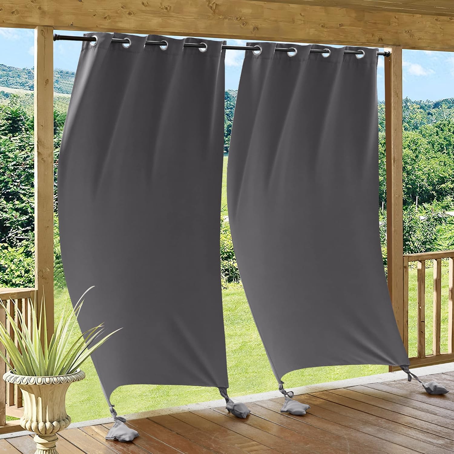Outdoor Curtains - RYB HOME Outdoor Windproof Curtains - 2 Panels Waterproof Curtains with Weighted Bags, Heat & Chill Resist Quick Dry Sun Screens for Exterior Living Space, 52 Inches Wide x 84 Inches Long, Gray