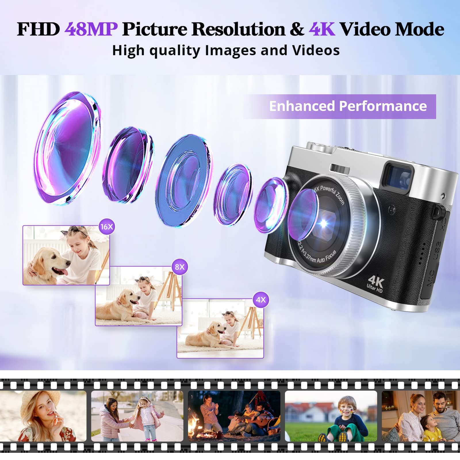 Jumobuis 4K Digital Camera Auto Focus 48MP Vlogging Video for YouTube Photography Cameras Beginners Travel Portable Compact Point and Shoot with Viewfinder Flash 32G Memory Card Silver ,DC202
