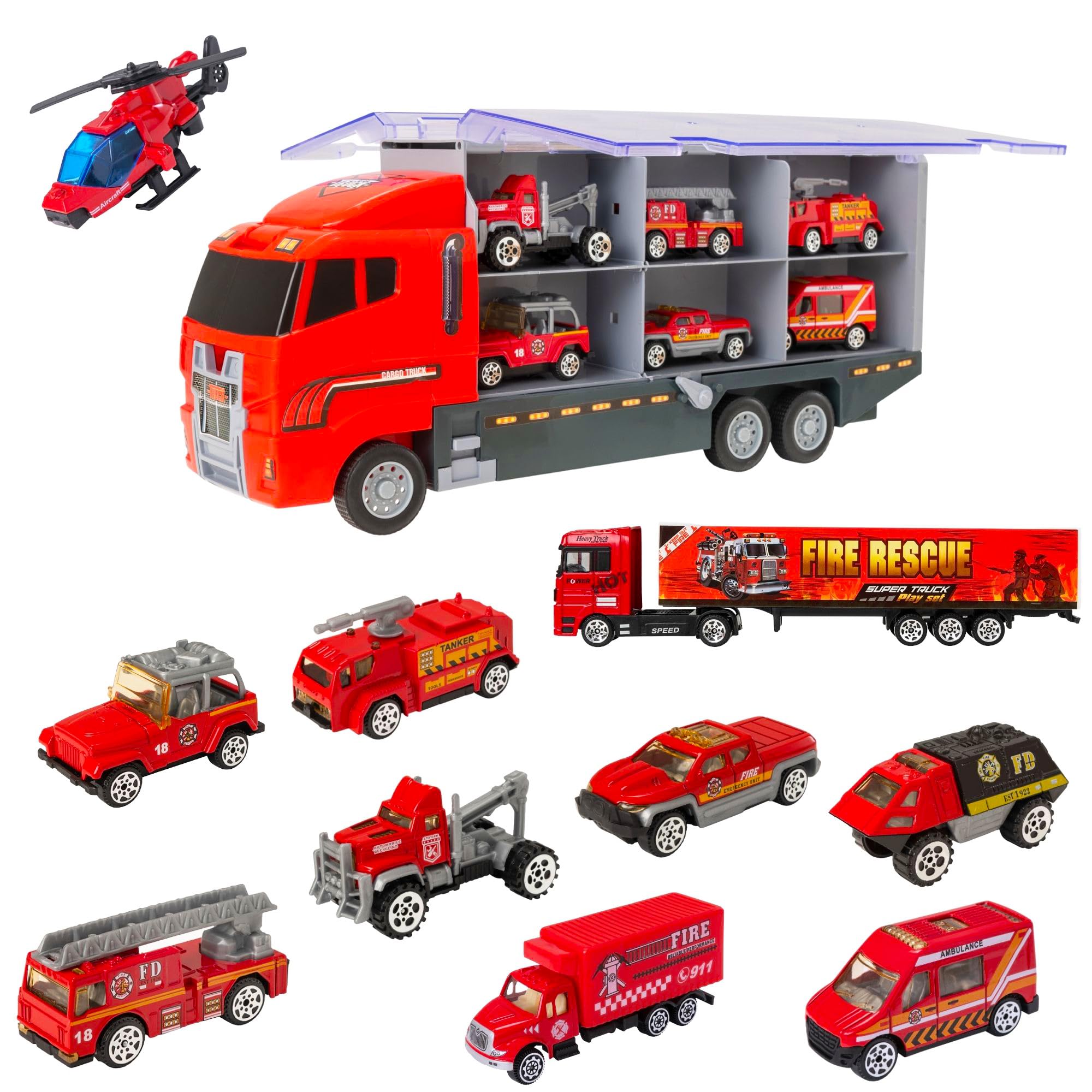 Teamsterz Fire Service Transporter Vehicle Playset | Fire engine, Lorry And Fire Service Vehicle Toys | Indoor And Outdoor Sandpit Toys | Toy Car Launcher | Cars Storage And Ramp | Ages 3+
