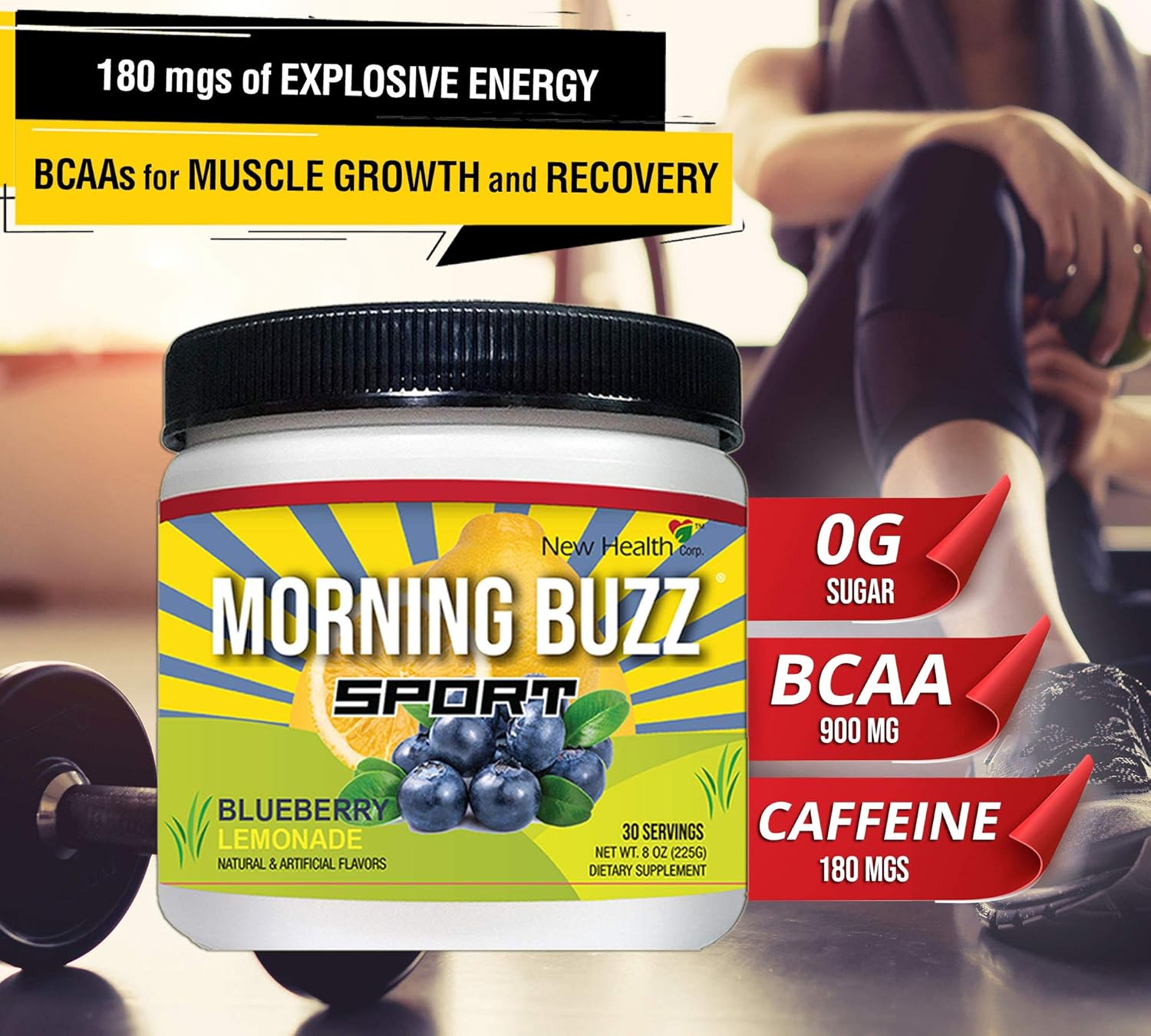 Morning Buzz Sports Energy Drink Mix by New Health, Pre Workout, Sports Nutrition Drink, Supports Lasting Energy, Endurance, Mental Clarity, and Metabolism, 8 Ounce Powder, 30 Servings(Blue Raspberry): Health & Personal Care